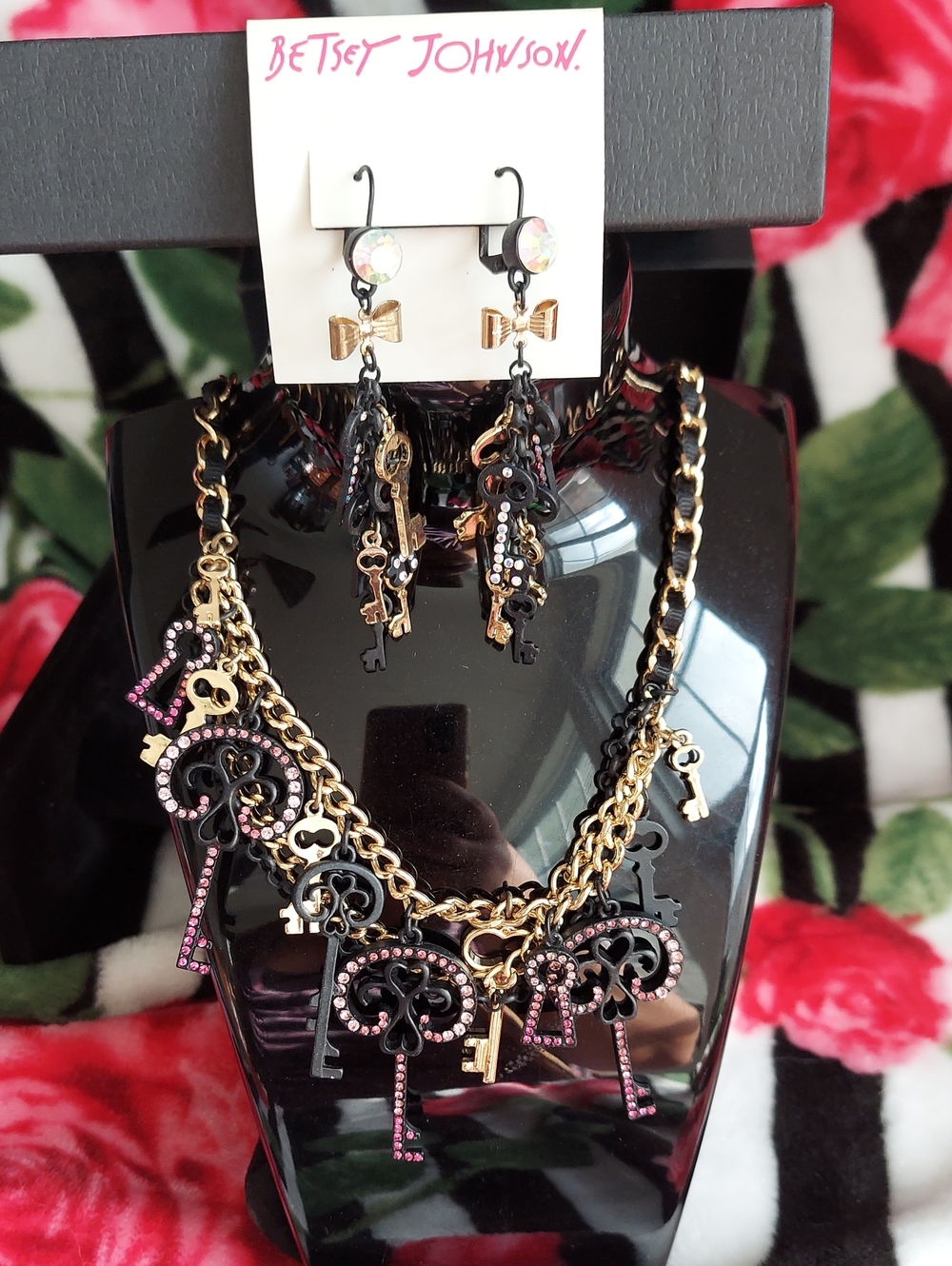 Betsey Johnson Gold, Black & Pink Key Charm Necklace with Matching Earrings